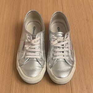 Superga Metallic Silver and White Lace-Up Sneakers